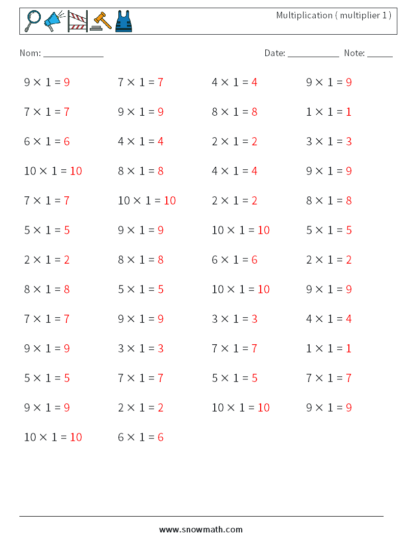 (50) Multiplication ( multiplier 1 ) Fiches d'Exercices de Mathématiques 3 Question, Réponse