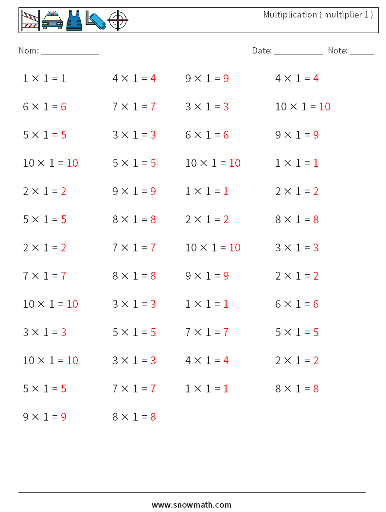 (50) Multiplication ( multiplier 1 ) Fiches d'Exercices de Mathématiques 4 Question, Réponse