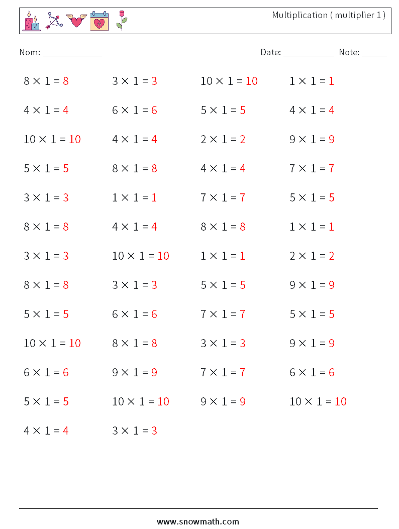 (50) Multiplication ( multiplier 1 ) Fiches d'Exercices de Mathématiques 5 Question, Réponse