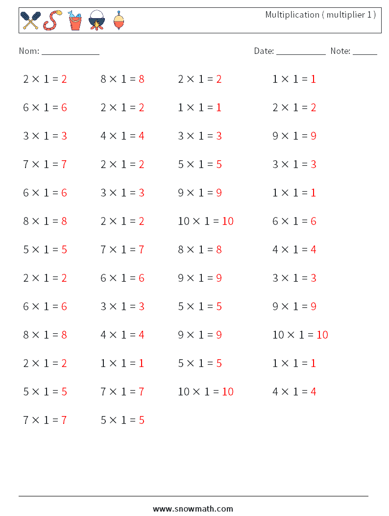 (50) Multiplication ( multiplier 1 ) Fiches d'Exercices de Mathématiques 6 Question, Réponse