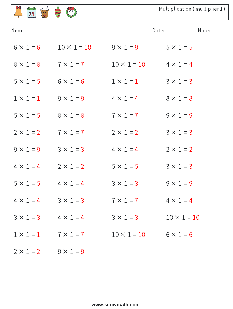 (50) Multiplication ( multiplier 1 ) Fiches d'Exercices de Mathématiques 7 Question, Réponse