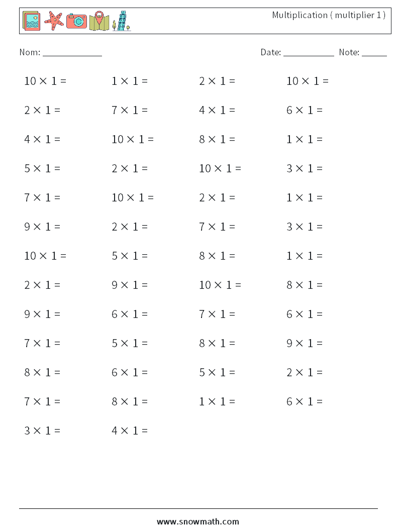 (50) Multiplication ( multiplier 1 ) Fiches d'Exercices de Mathématiques 8