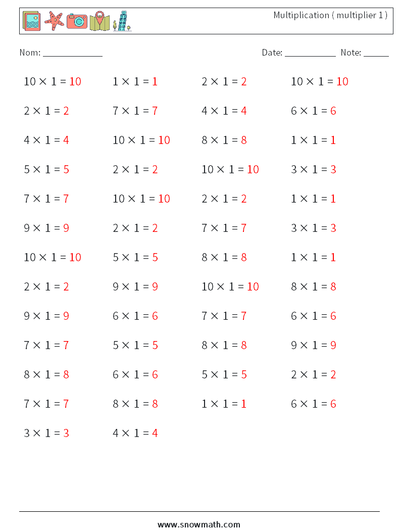 (50) Multiplication ( multiplier 1 ) Fiches d'Exercices de Mathématiques 8 Question, Réponse