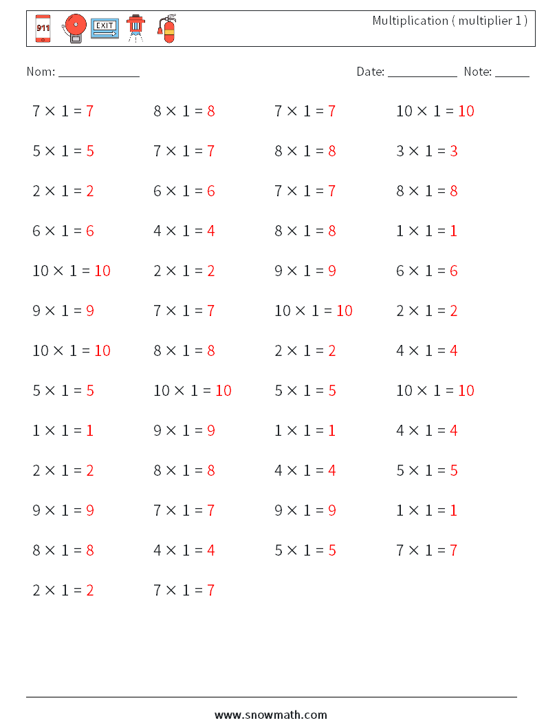 (50) Multiplication ( multiplier 1 ) Fiches d'Exercices de Mathématiques 9 Question, Réponse
