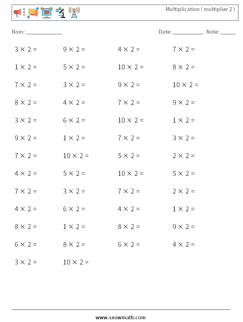 (50) Multiplication ( multiplier 2 ) Fiches d'Exercices de Mathématiques 1