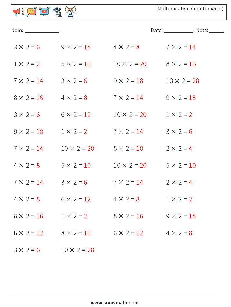 (50) Multiplication ( multiplier 2 ) Fiches d'Exercices de Mathématiques 1 Question, Réponse