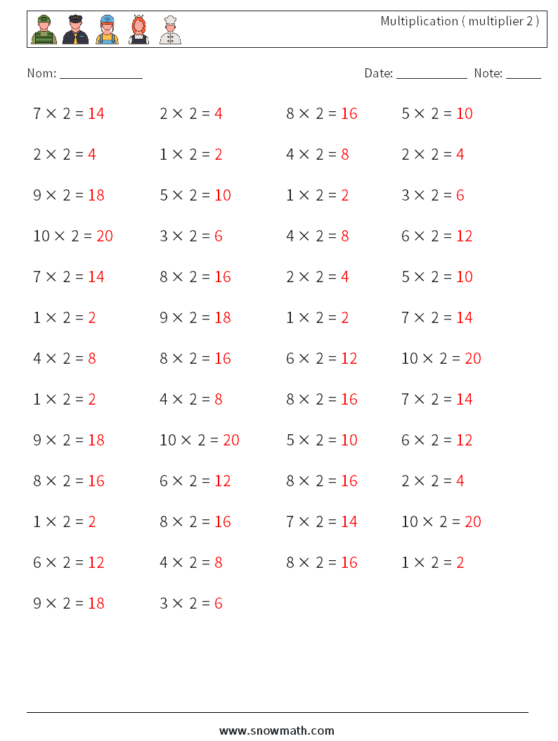 (50) Multiplication ( multiplier 2 ) Fiches d'Exercices de Mathématiques 2 Question, Réponse