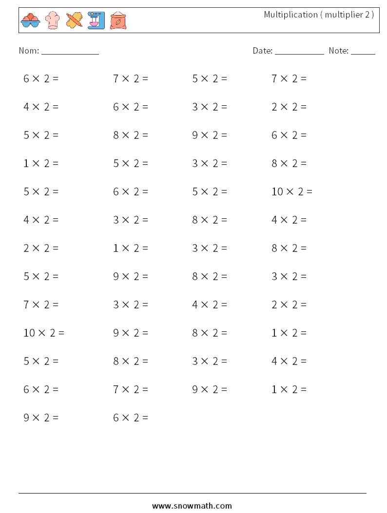 (50) Multiplication ( multiplier 2 ) Fiches d'Exercices de Mathématiques 3
