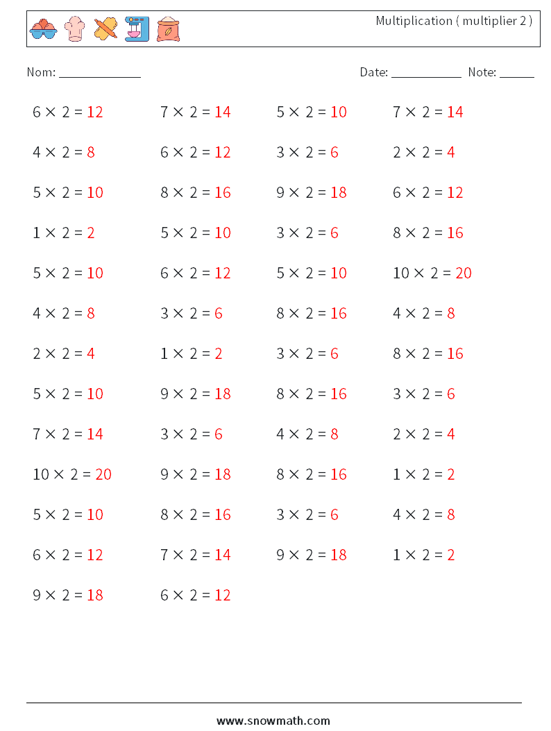 (50) Multiplication ( multiplier 2 ) Fiches d'Exercices de Mathématiques 3 Question, Réponse