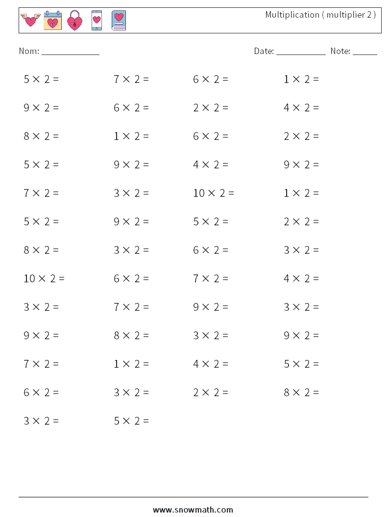 (50) Multiplication ( multiplier 2 ) Fiches d'Exercices de Mathématiques 4
