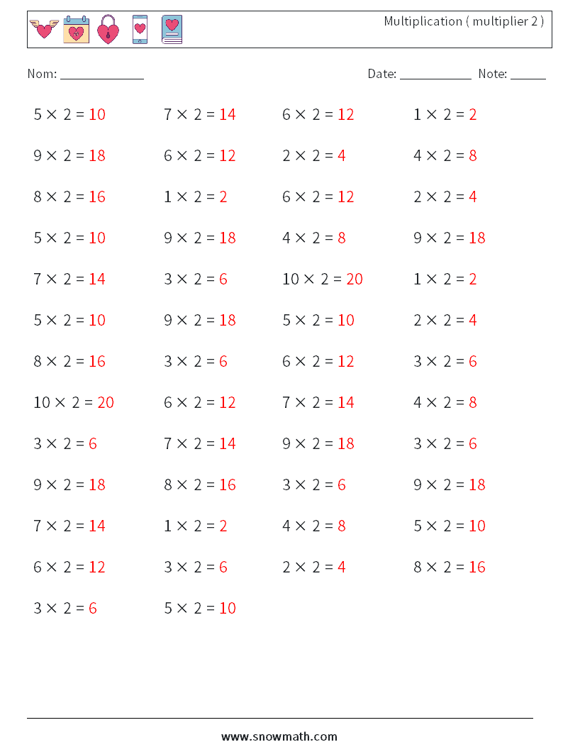 (50) Multiplication ( multiplier 2 ) Fiches d'Exercices de Mathématiques 4 Question, Réponse