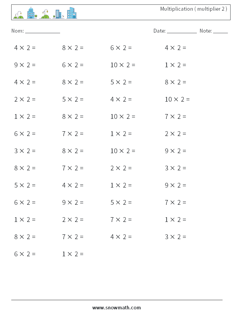 (50) Multiplication ( multiplier 2 ) Fiches d'Exercices de Mathématiques 6