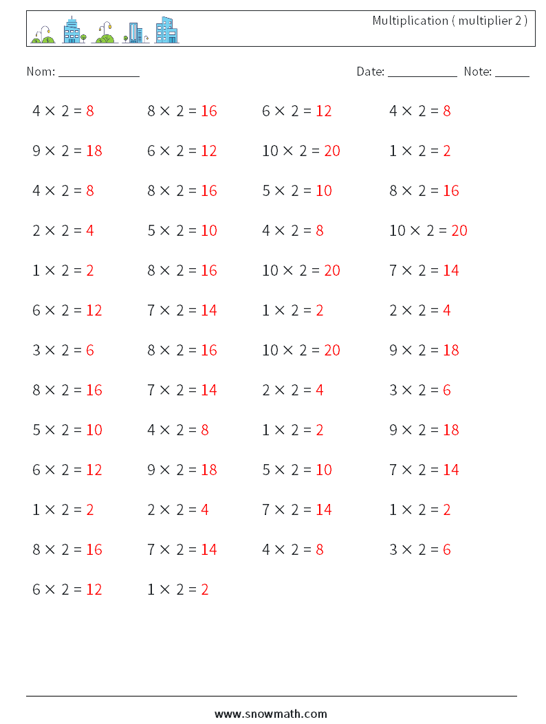 (50) Multiplication ( multiplier 2 ) Fiches d'Exercices de Mathématiques 6 Question, Réponse