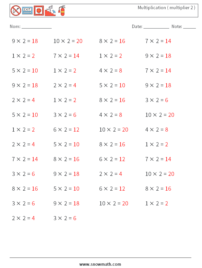(50) Multiplication ( multiplier 2 ) Fiches d'Exercices de Mathématiques 7 Question, Réponse