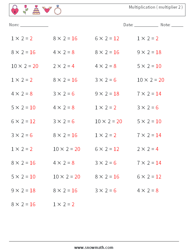 (50) Multiplication ( multiplier 2 ) Fiches d'Exercices de Mathématiques 9 Question, Réponse