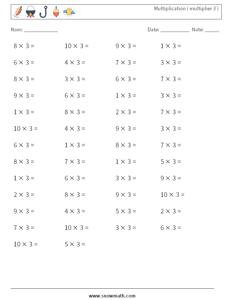 (50) Multiplication ( multiplier 3 ) Fiches d'Exercices de Mathématiques 2