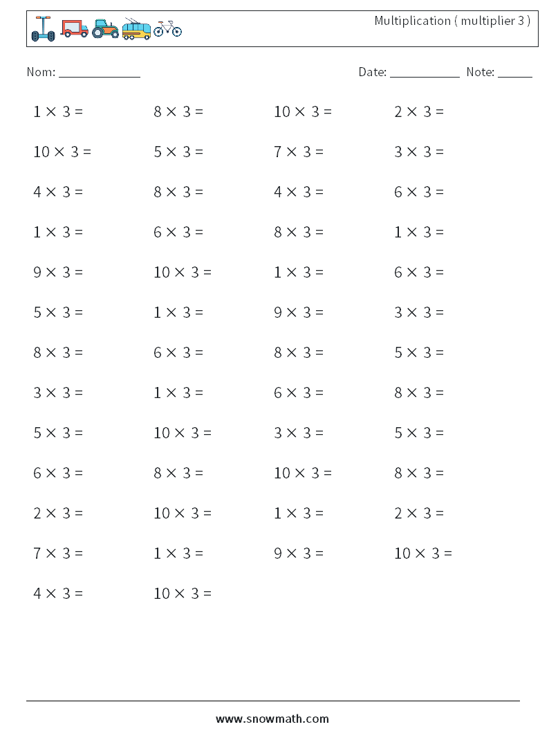 (50) Multiplication ( multiplier 3 ) Fiches d'Exercices de Mathématiques 4