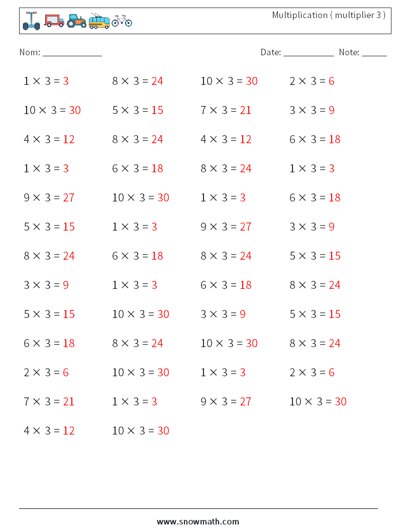 (50) Multiplication ( multiplier 3 ) Fiches d'Exercices de Mathématiques 4 Question, Réponse