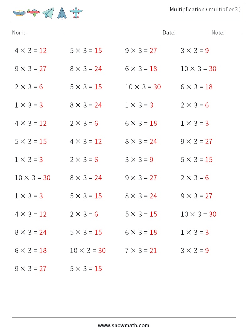 (50) Multiplication ( multiplier 3 ) Fiches d'Exercices de Mathématiques 5 Question, Réponse
