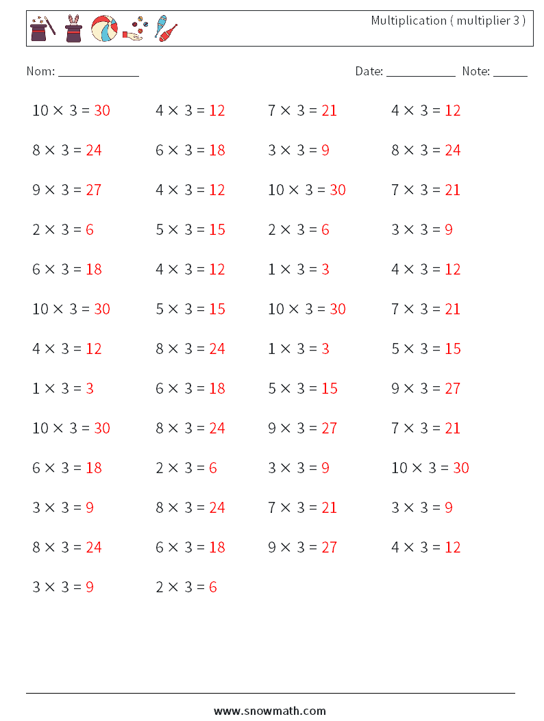 (50) Multiplication ( multiplier 3 ) Fiches d'Exercices de Mathématiques 6 Question, Réponse
