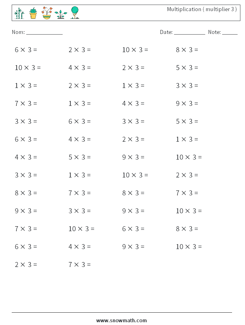 (50) Multiplication ( multiplier 3 ) Fiches d'Exercices de Mathématiques 7