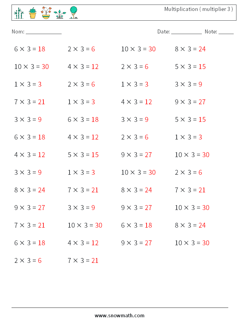 (50) Multiplication ( multiplier 3 ) Fiches d'Exercices de Mathématiques 7 Question, Réponse
