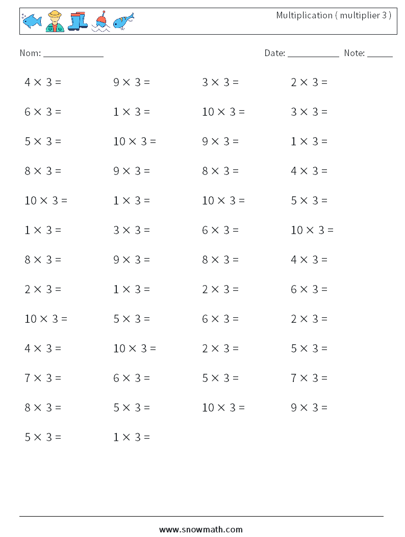 (50) Multiplication ( multiplier 3 ) Fiches d'Exercices de Mathématiques 8