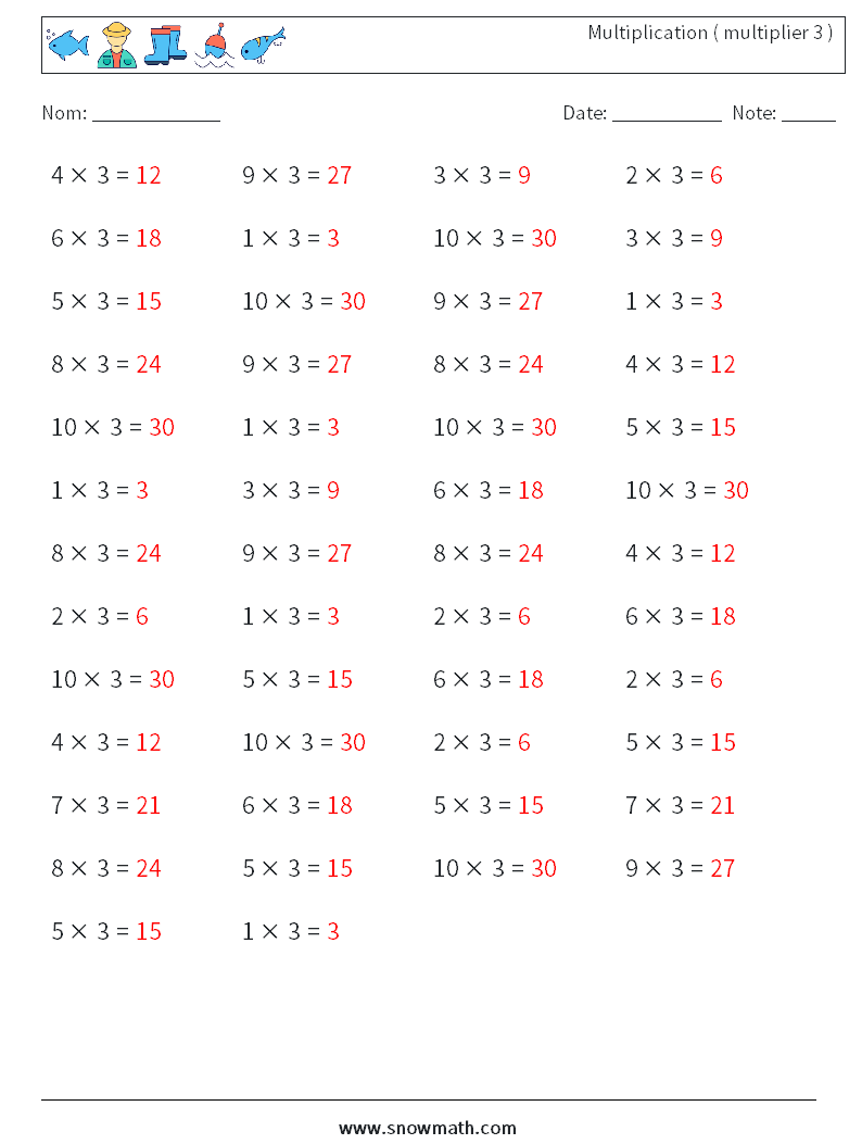 (50) Multiplication ( multiplier 3 ) Fiches d'Exercices de Mathématiques 8 Question, Réponse