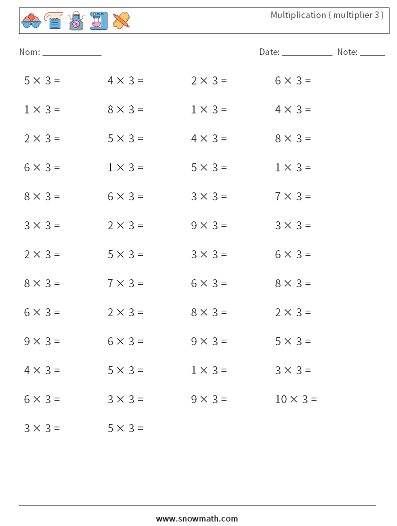 (50) Multiplication ( multiplier 3 ) Fiches d'Exercices de Mathématiques 9
