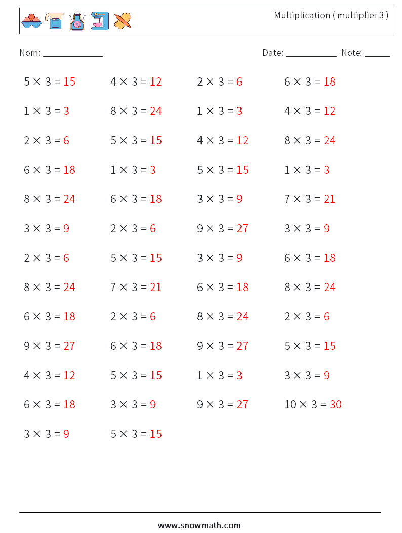 (50) Multiplication ( multiplier 3 ) Fiches d'Exercices de Mathématiques 9 Question, Réponse