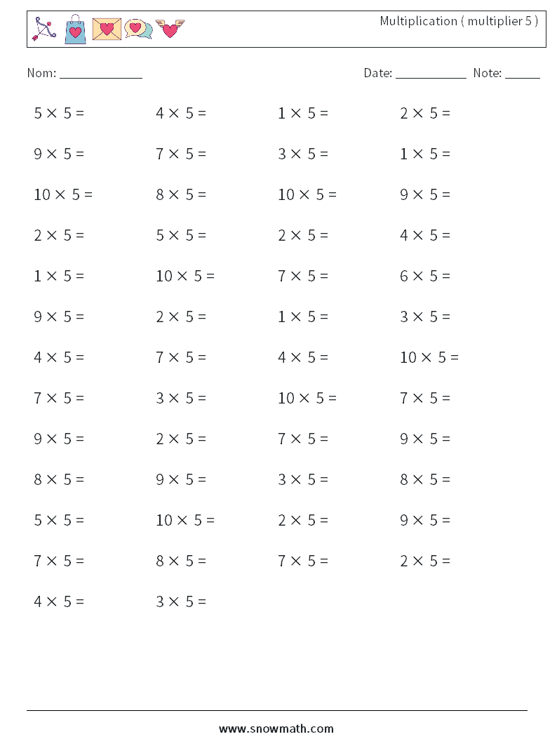 (50) Multiplication ( multiplier 5 ) Fiches d'Exercices de Mathématiques 1