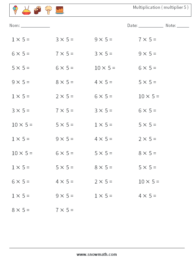 (50) Multiplication ( multiplier 5 ) Fiches d'Exercices de Mathématiques 2