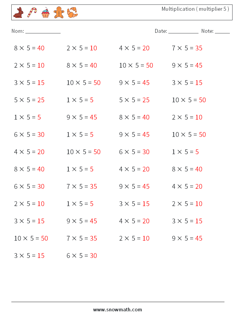 (50) Multiplication ( multiplier 5 ) Fiches d'Exercices de Mathématiques 3 Question, Réponse