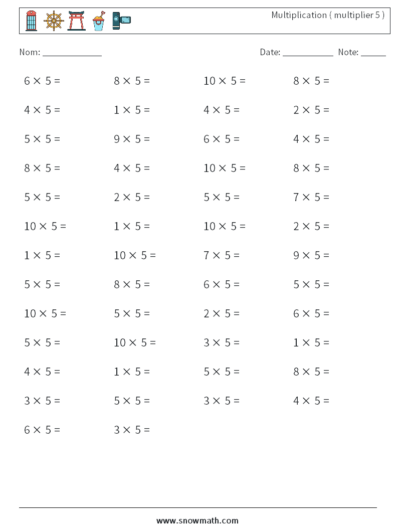 (50) Multiplication ( multiplier 5 ) Fiches d'Exercices de Mathématiques 5