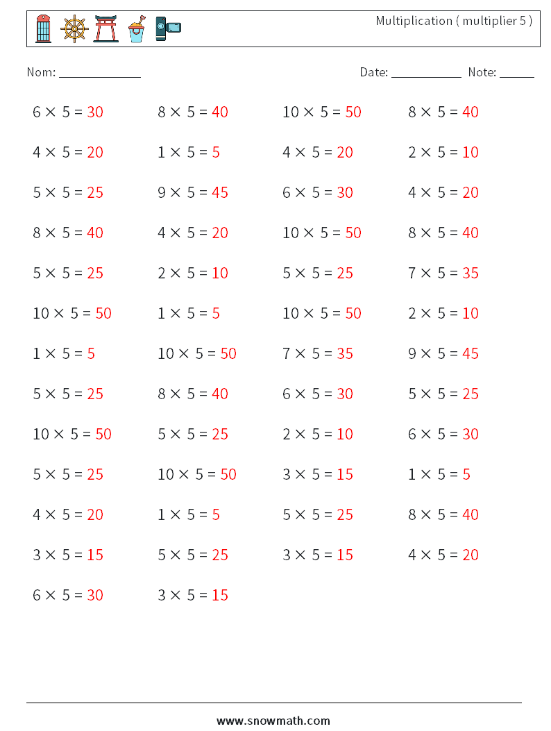 (50) Multiplication ( multiplier 5 ) Fiches d'Exercices de Mathématiques 5 Question, Réponse