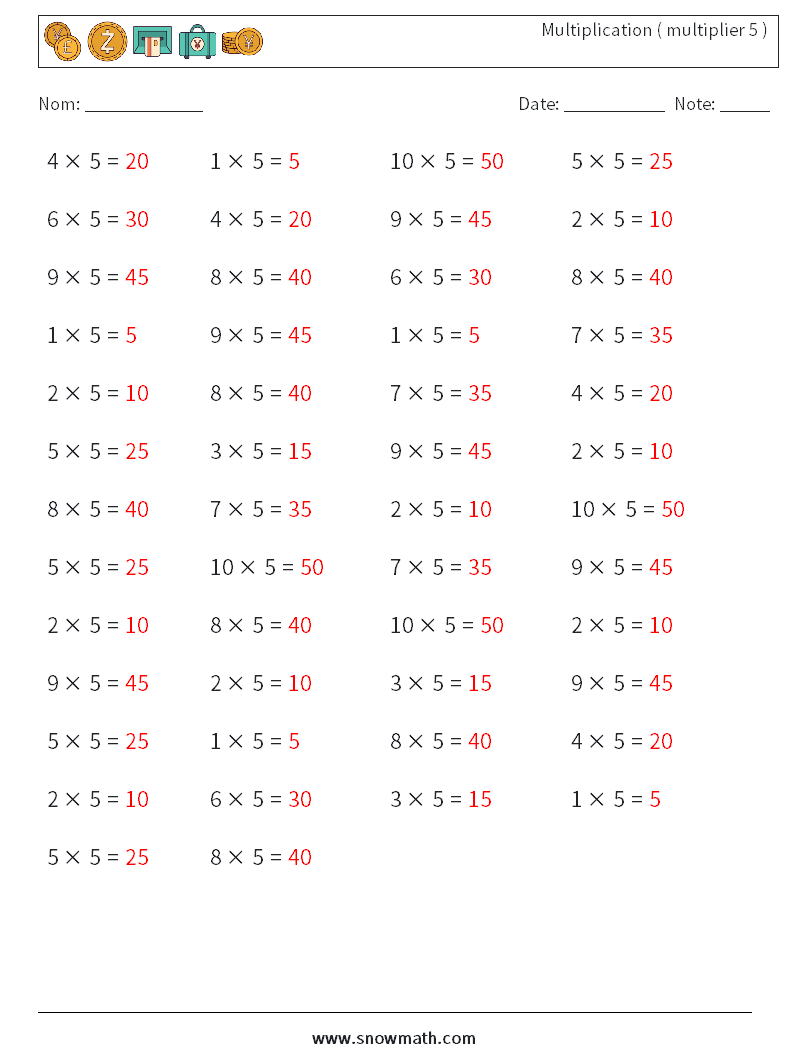 (50) Multiplication ( multiplier 5 ) Fiches d'Exercices de Mathématiques 6 Question, Réponse