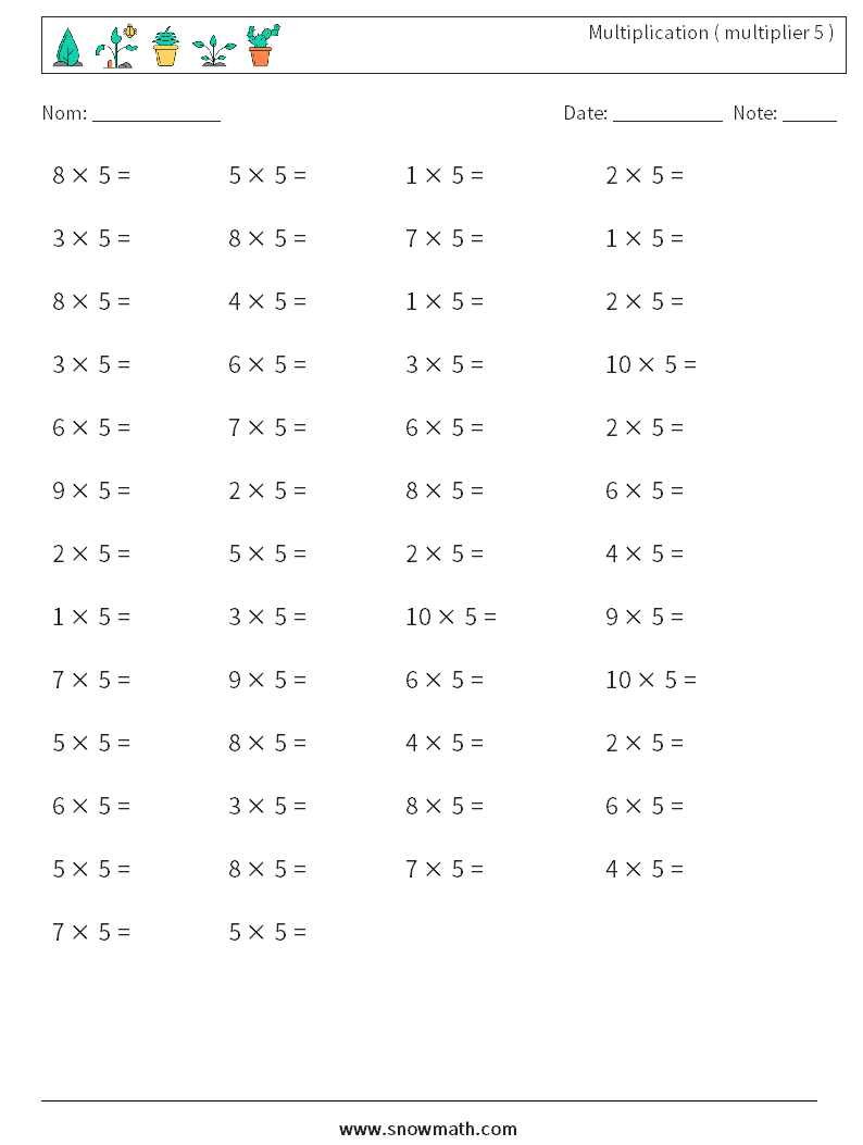 (50) Multiplication ( multiplier 5 ) Fiches d'Exercices de Mathématiques 7