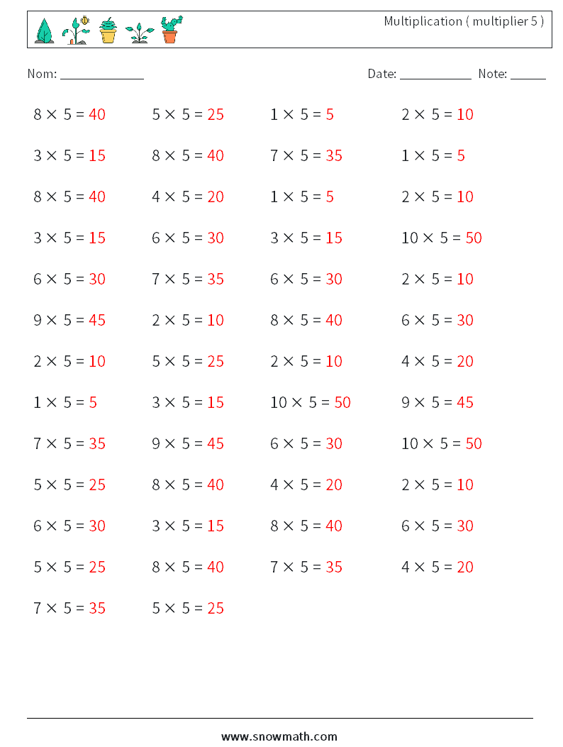 (50) Multiplication ( multiplier 5 ) Fiches d'Exercices de Mathématiques 7 Question, Réponse