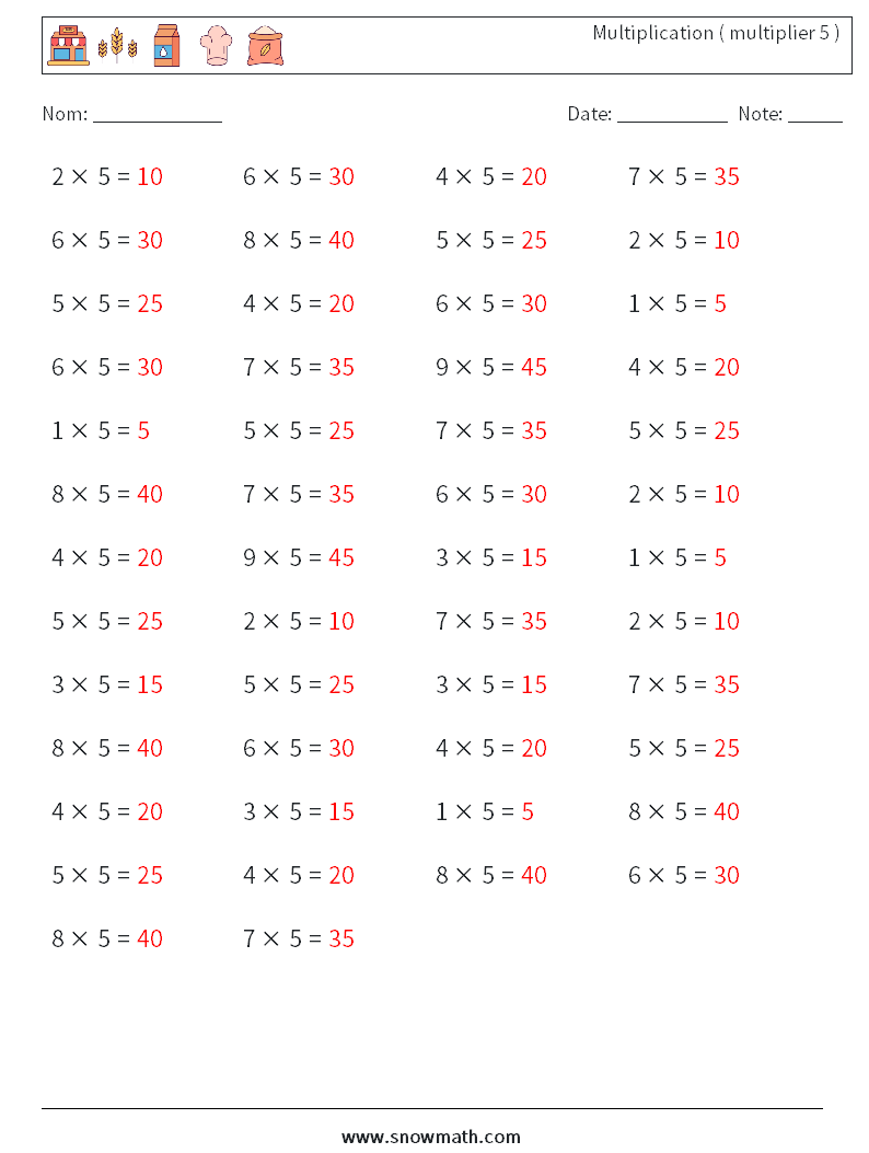 (50) Multiplication ( multiplier 5 ) Fiches d'Exercices de Mathématiques 8 Question, Réponse