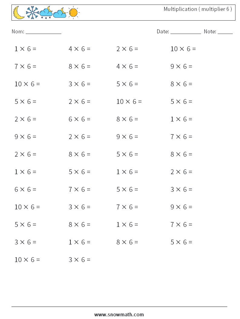 (50) Multiplication ( multiplier 6 ) Fiches d'Exercices de Mathématiques 1