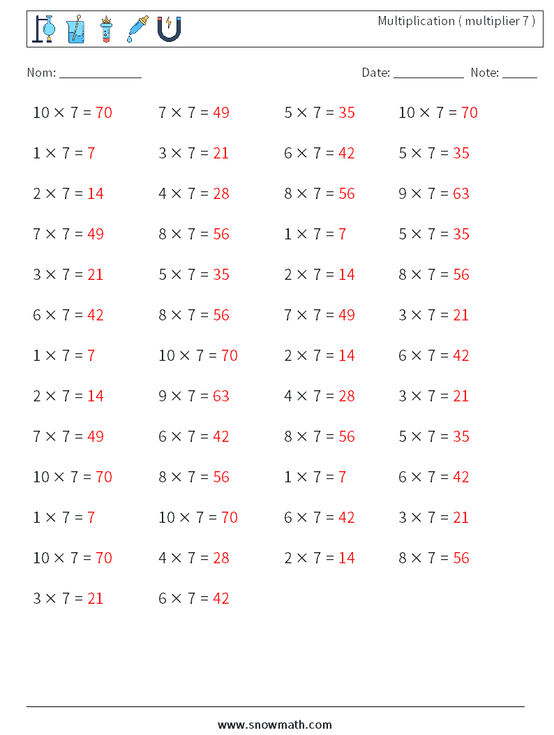 (50) Multiplication ( multiplier 7 ) Fiches d'Exercices de Mathématiques 1 Question, Réponse
