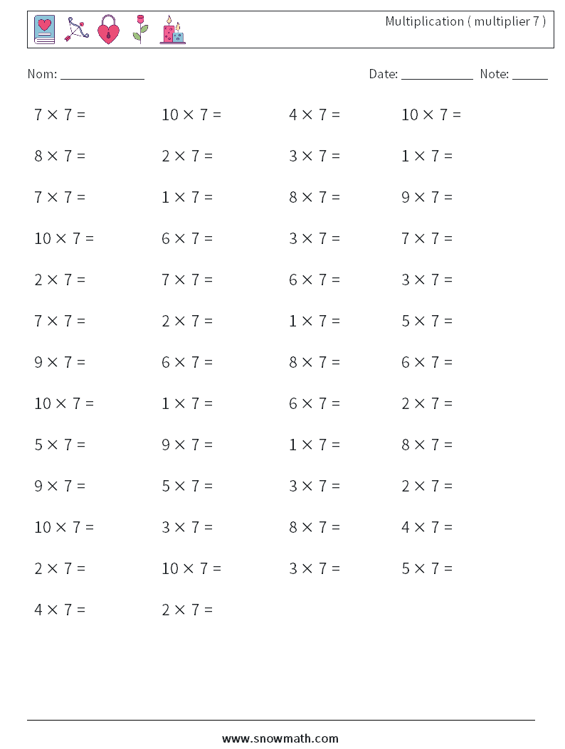 (50) Multiplication ( multiplier 7 ) Fiches d'Exercices de Mathématiques 3