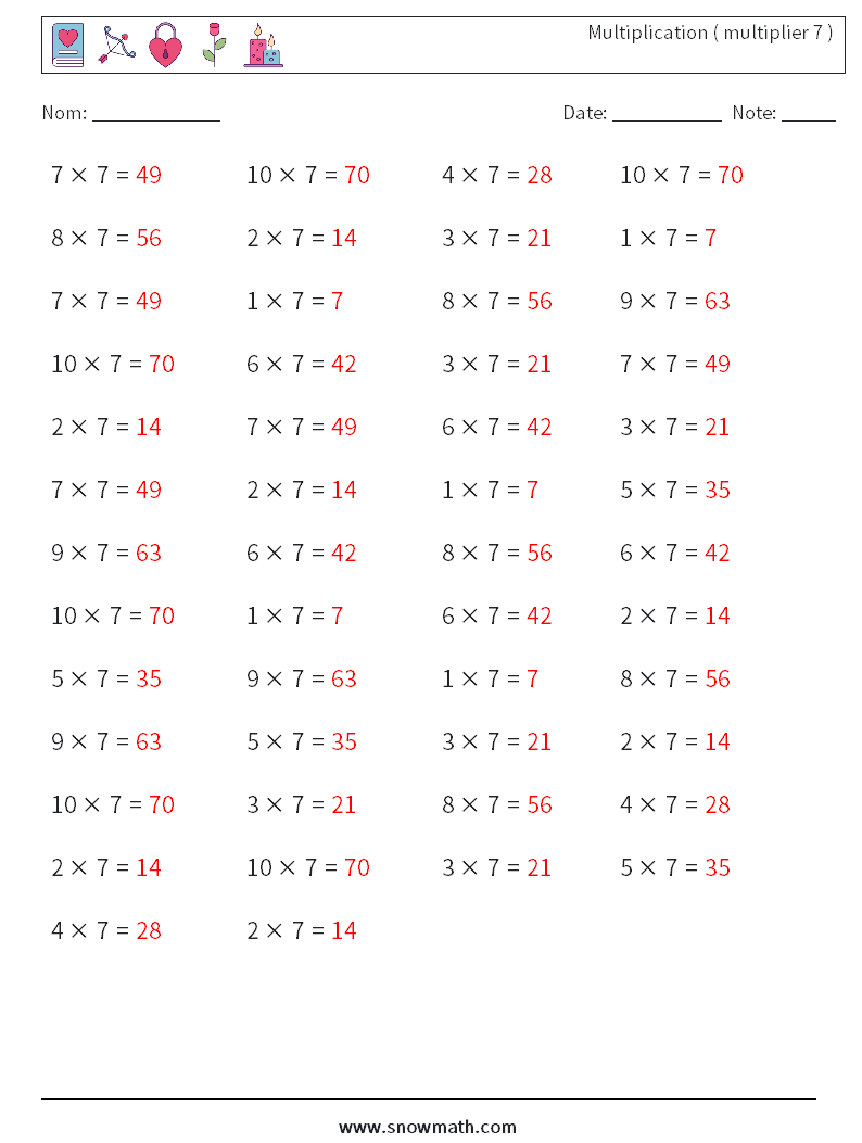 (50) Multiplication ( multiplier 7 ) Fiches d'Exercices de Mathématiques 3 Question, Réponse