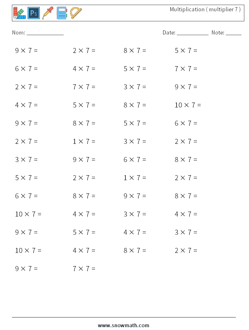(50) Multiplication ( multiplier 7 ) Fiches d'Exercices de Mathématiques 4