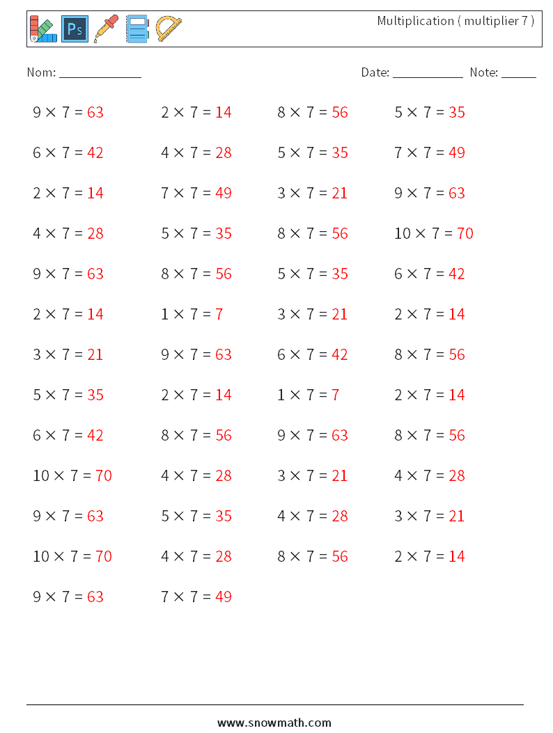 (50) Multiplication ( multiplier 7 ) Fiches d'Exercices de Mathématiques 4 Question, Réponse