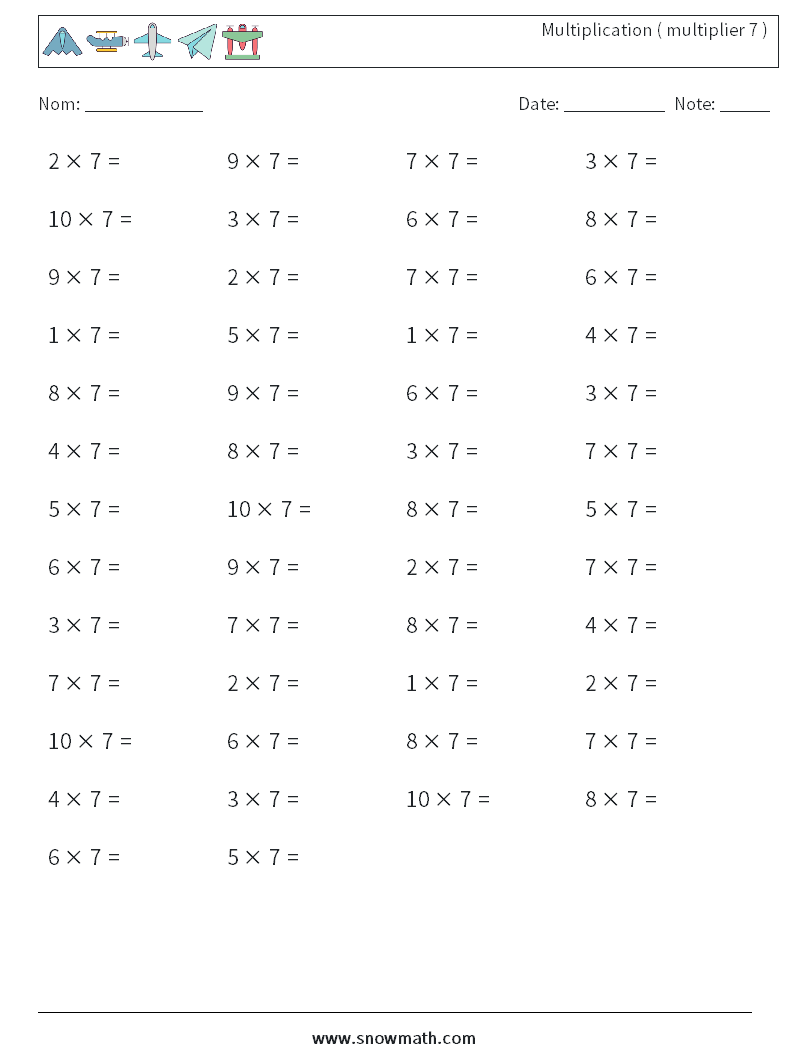 (50) Multiplication ( multiplier 7 ) Fiches d'Exercices de Mathématiques 5