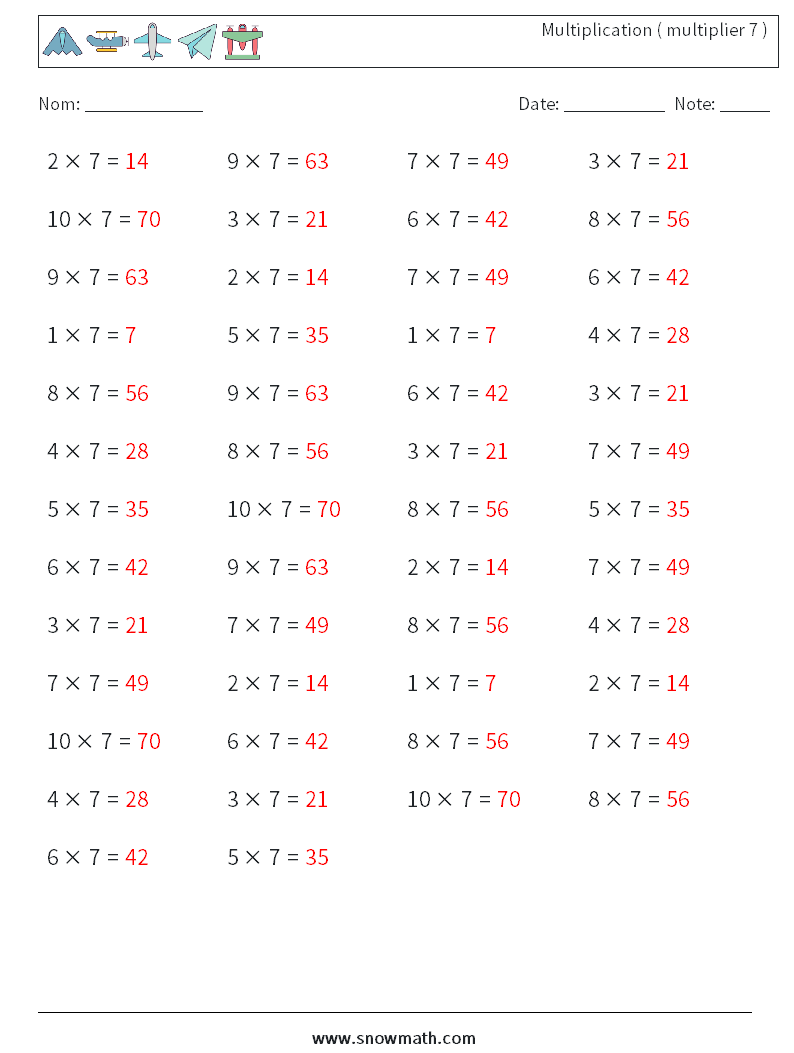 (50) Multiplication ( multiplier 7 ) Fiches d'Exercices de Mathématiques 5 Question, Réponse