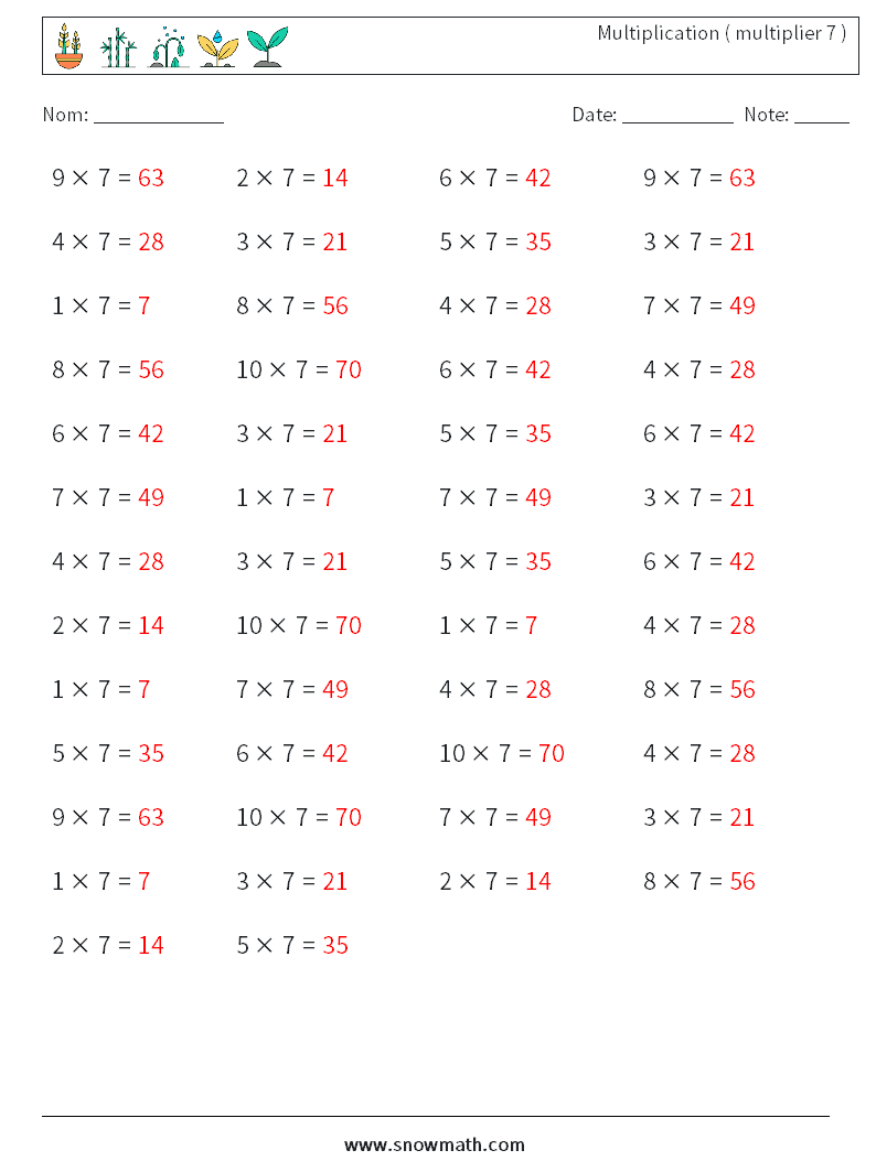 (50) Multiplication ( multiplier 7 ) Fiches d'Exercices de Mathématiques 6 Question, Réponse