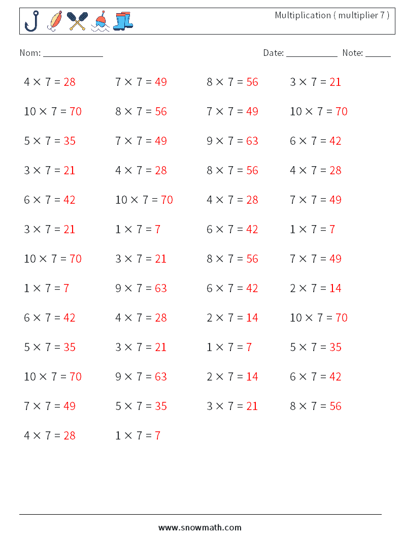 (50) Multiplication ( multiplier 7 ) Fiches d'Exercices de Mathématiques 7 Question, Réponse