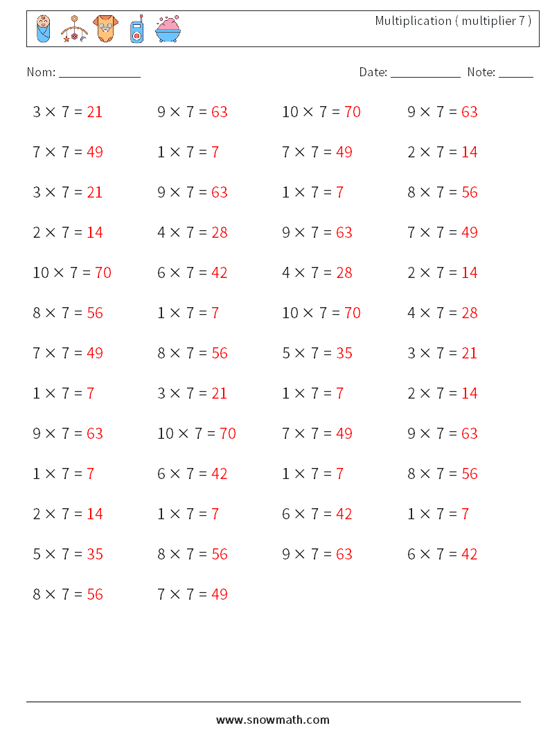 (50) Multiplication ( multiplier 7 ) Fiches d'Exercices de Mathématiques 9 Question, Réponse